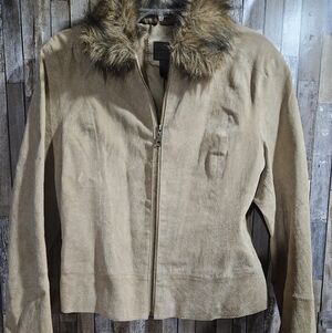 John Paul Richard suede zip front coat with fur collar